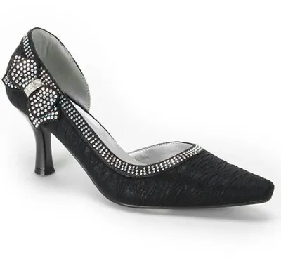 $56.99 • Buy GORGEOUS Ladies John Fashion Black Satin & Sequin Bow Dress Heels Shoes》11M