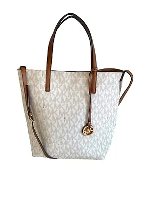 Michael Kors Hayley Large Tote Vanilla/Acorn PVC Shopper Handbag Purse Monogram  • $45.50