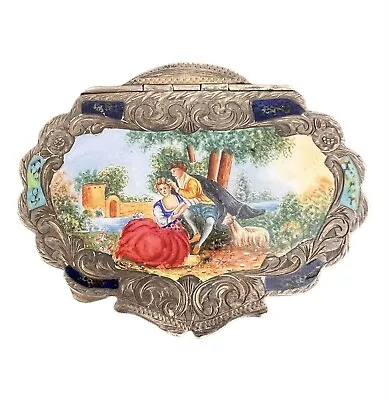 Vintage Italian 800 Silver Large Powder Compact With Enamel Courting Scene. • $250
