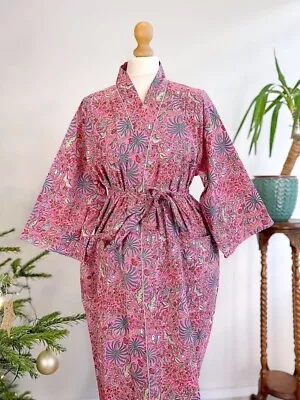 $36.29 • Buy Indian Pink Floral Printed Women's Kimono Cotton Bath Robes Maxi Night Gown AU