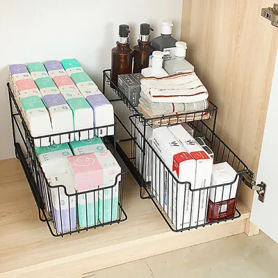 2 Tier Pull Out Basket Under Sink Kitchen Cupboard Organiser Drawer Storage Rack • £10.94