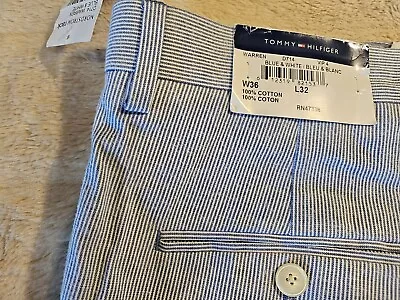 Tommy Hilfiger Mens Seersucker Dress Pants Blue White 100%  Cotton  36X32  NEW • $29.99