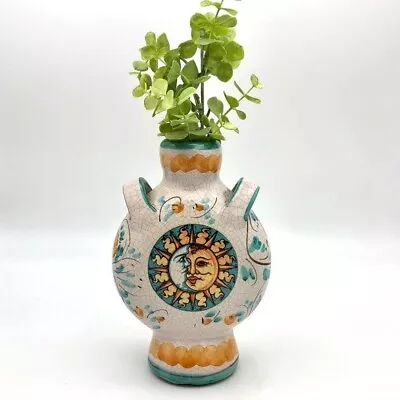 Italian Flask Vase Celestial Moon Sun Crackle Glaze Signed S Stefano Vtg Italy • $58