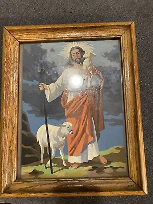 Large Mid Century Religious Paint By Number Jesus God Lamb Painting • $5