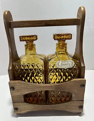 Mid Century 2 Bottle Liquor Amber Glass Decanter Set Retro Bar Tantalus • $136.66