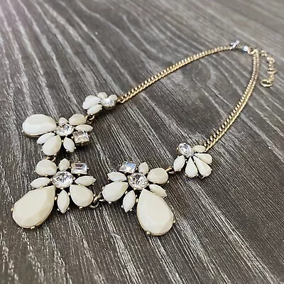 J CREW White Floral Petal Rhinestone Necklace Antiqued Gold Tone Statement 17” • $22.80