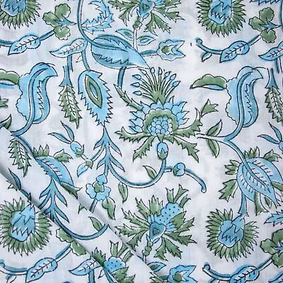 By The Yard Blue Floral Indian Hand Block Print Cotton Dress Sewing Fabric • $13.95