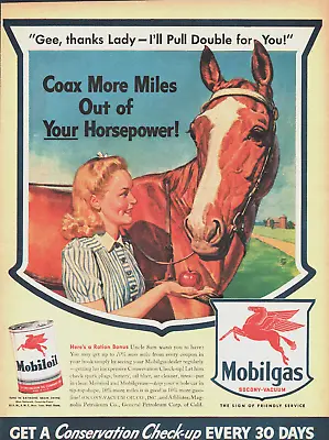 Vintage 1943 Mobilgas Friendly Service Lady Feeding Horse An Apple Advertisement • $5.84