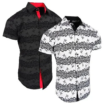 Mens Short Sleeve Shirt Black Velvet Italian Stripe Florals Flip-Cuff Stretch • $27.95