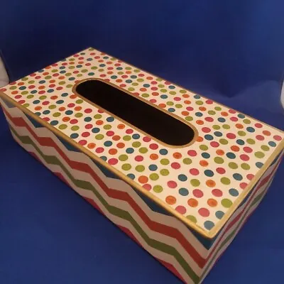 Mackenzie-Childs Tissue Box Holder Polka Dots And Stripes Metal And Wood • $64.95