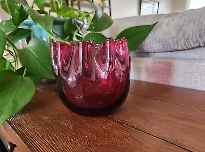 Vintage Pilgrim Cranberry Ruffled  Art Glass Bowl Marked On The Bottom • $24