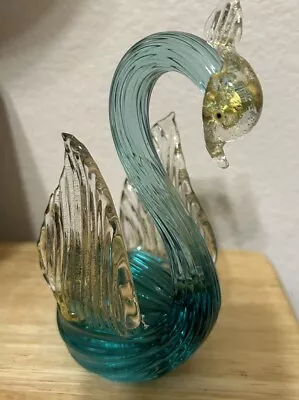 Vintage MURANO ITALY ART BLUE TURQUOISE W/GOLD SPECKLED WINGED GLASS SWAN • $44.95