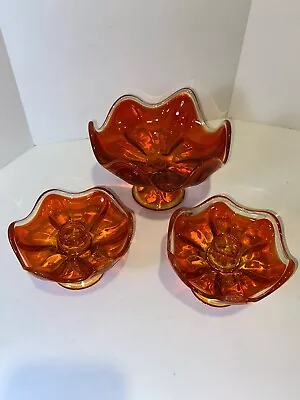 VIKING Glass Epic Six-Petal Persimmon Amberina Pedestal Compote & Candle Holders • $54.99