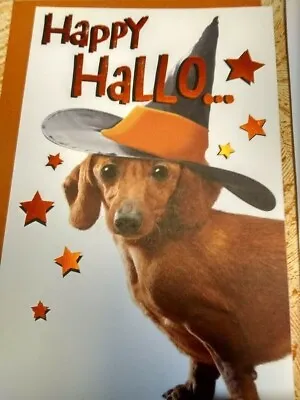 Cute Dachshund Dog Wearing Hat Happy Hallo...Weinie! Halloween Card • $2.15