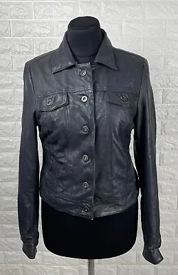 Muubaa Lamb Leather Trucker Jacket Black/Dark Grey US 12 UK 14 • $72