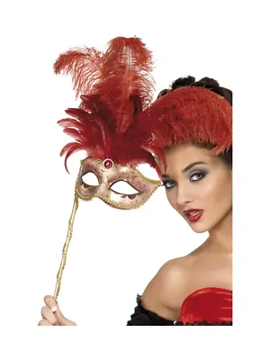 Red Opera Eye Mask On Stick Masked Ball 17th Century Ladies Fancy Dress • £17.99