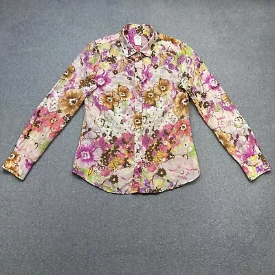 J Crew Perfect Shirt Womens 2 Pink Brown Floral Silk Blend Long Sleeve Button Up • $15.98