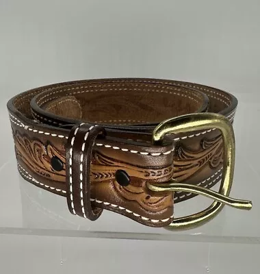 Vintage HAND TOOLED Buckle Belt WESTERN Leather 36 Brown RANGER Stitched USA • $38