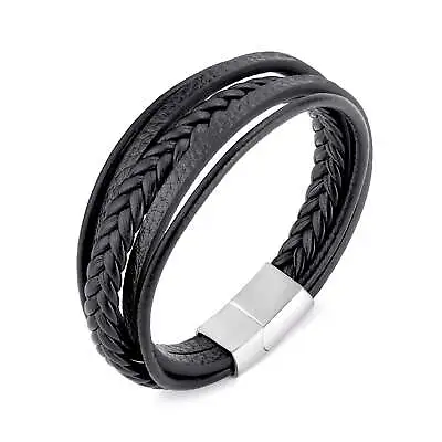 Men's Genuine Black Leather Bracelet With Stainless Steel Clasp • £10.99