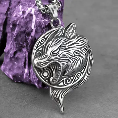 Men Silver Norse Viking Fenrir Wolf Head Pendant Necklace Punk Jewelry Chain 24  • $9.99