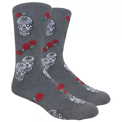 Men's Skulls & Roses Novelty Socks Gray Red Silver Fits Size 10-13 • $13.95