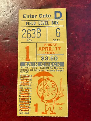 1964 Mets Opening Day 1st First Game At Shea Stadium Ticket Stub - Excellent • $199.99