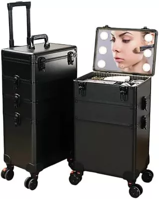 Professional 4 In 1 Rolling Makeup Train Case With Vanity Mirror & Light • $160.98