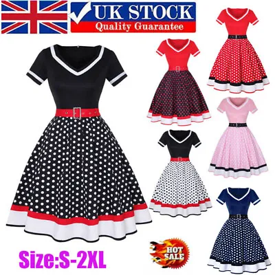 £6.99 • Buy UK Women 50s60s Polka Dot Dress Rockabilly Retro V-neck Ladies Party Swing Dress