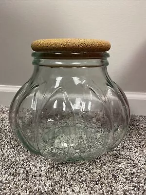 Vintage Pumpkin Apothecary Glass Cookie Jar Canister Lt Green Cork Lid 8” X 9” • $35.99