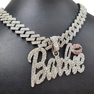 Women Silver Plated Barbie Bling Charm Iced Cubic Zirconia Cuban Chain Necklace • $19.99