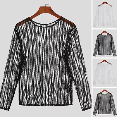 INCERUN Men Long Sleeve O Neck Sheer Mesh Fishnet T Shirt Beach Blouse Tops Tee • $17