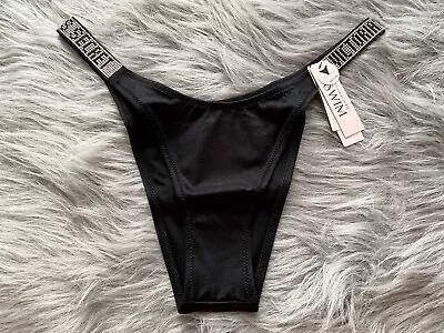 Victorias Secret Swim Bikini Bottom Black Logo Shine Strap Sexy Brazilian Nwt • $22.99