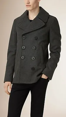  Burberry Eckford Dark Gray Wool Nova Check Double Breasted Pea Coat Us 44 Eu 54 • $690