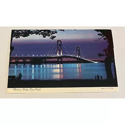 Mackinac Bridge Deep Purple Michigan Nighttime Photo VIntage Postcard • $4.99