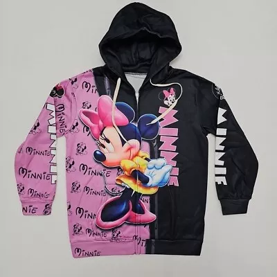 Minnie Mouse Hoodie Pink/Black Full Zip-Up Disney Sweater Fleece Jacket Size S • $17.99