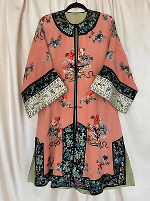 Antique Chinese Qing Dynasty Silk Embroidered Floral Moths Butterflies Robe • $1200