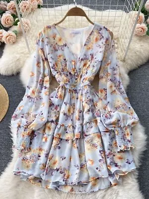 Women Fashion V-neck Button Floral Print Short Chiffon Dress Elegant Party Dress • $52.57