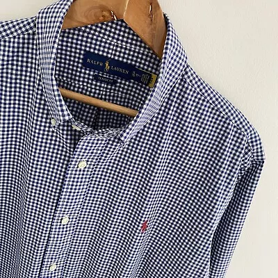 Mens Polo Ralph Lauren Blue Check Classic Fit Long Sleeve Shirt Size XL X Large • £37.95