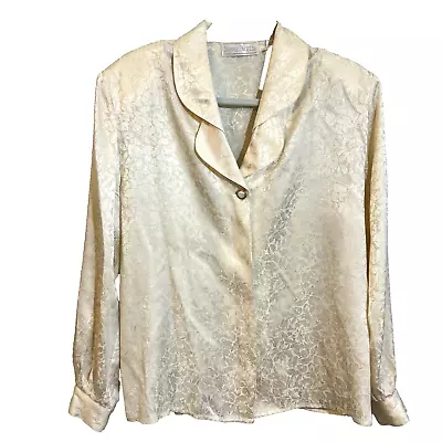 Vintage Barrie Pace 100% Silk Satin Button Down Blouse Ivory Gold Buttons 12 • $24.99