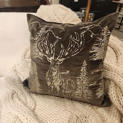 NEW Pottery Barn Metallic Moose Creek Embroided 20  Pillow Christmas Cabin  • $139