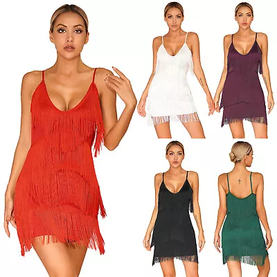 Womens Tango Tassel Dress Samba Latin Performance Ballroom Sexy Costume Disco • £26.48