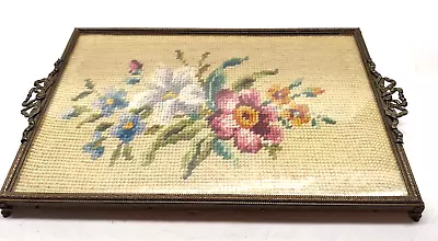 Vintage Footed Ribbon Handle Tray W/Needlepoint Floral Velvet Back Dresser Tray • $29.95