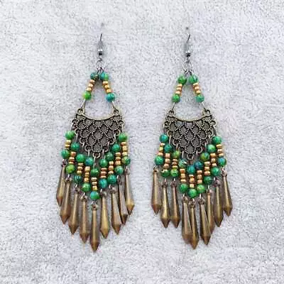 Feminine ~ Vintage Chandelier Style Green Beaded Dangle Earrings • $6.95