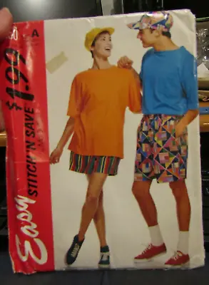 7050 Easy  McCalls SEWING Pattern Misses Men Teen Boys SM L T-shirt Shorts Hat • $4.99