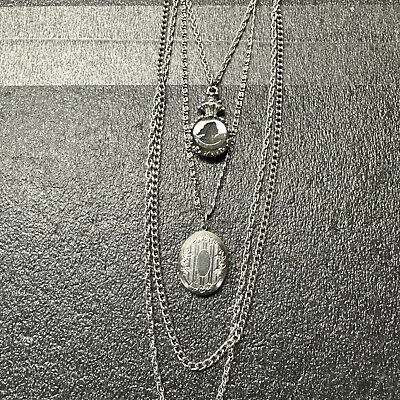 Vintage Goldette Layered 4 Chain Intaglio Cameo Locket Necklace Silver Tone Set • $38
