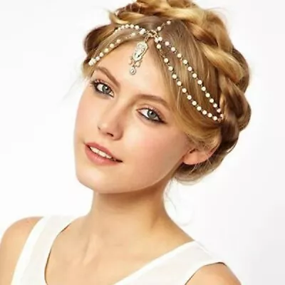 Gold White Chain Rhinestone Hair Arabian Head Piece Jewellery • £4.89