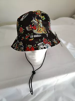 ED HARDY Men's Bucket Hat W/Adjustable Strap Tigers Skulls & Roses OhMy! New • $28.99