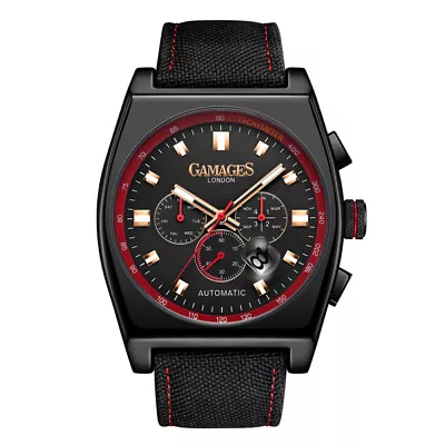 Mens Automatic Watch  Black Retro Calibre Tachymeter Black Nylon Straps GAMAGES • £59.99