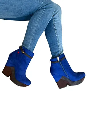 Womens Love Moschino Blue Colorblock Suede Platform Wedge Ankle Boots Booties 39 • $110.49