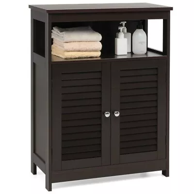 Wood Freestanding Bathroom Storage Cabinet Double Shutter Door Open Shelf Brown • $98.96